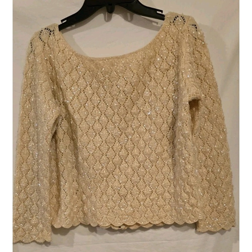 Vintage Ivory Cream Hand‎ Beaded Heavy Wool  Sweater Lined Top
